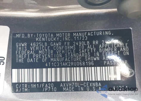 2024 Toyota Camry Hybrid Le z USA, uszkodzony, nr VIN 4T1C31AK2RU068196